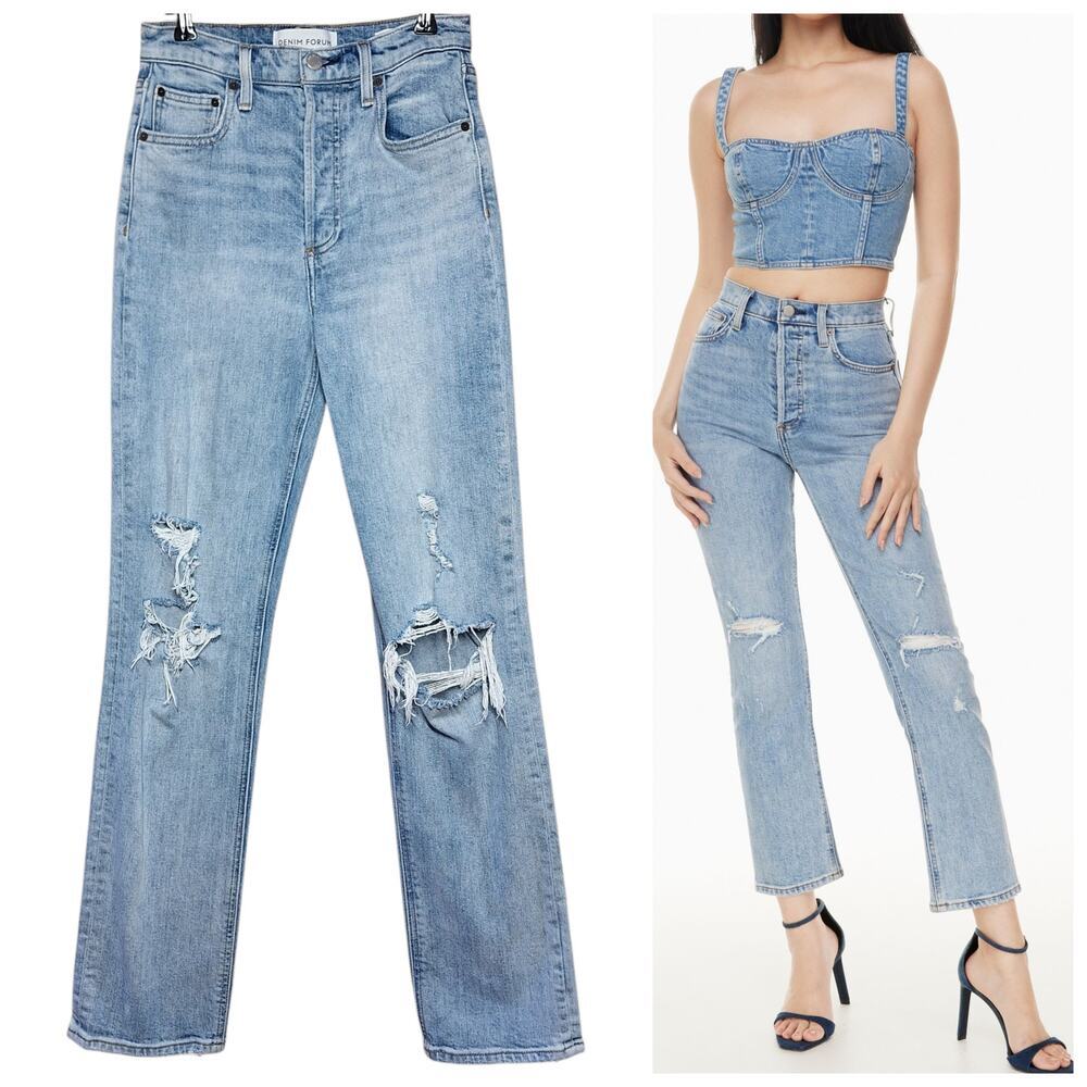 Aritzia Denim Forum the Arlo high rise straight 26 distressed light wash jeans